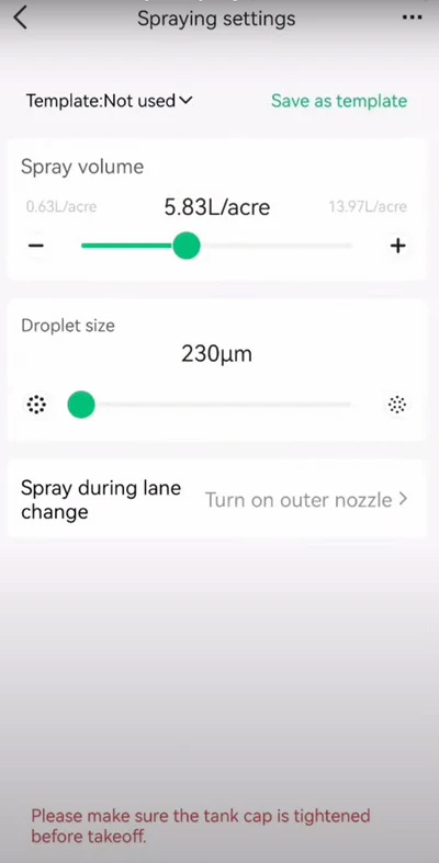 Spray settings in app