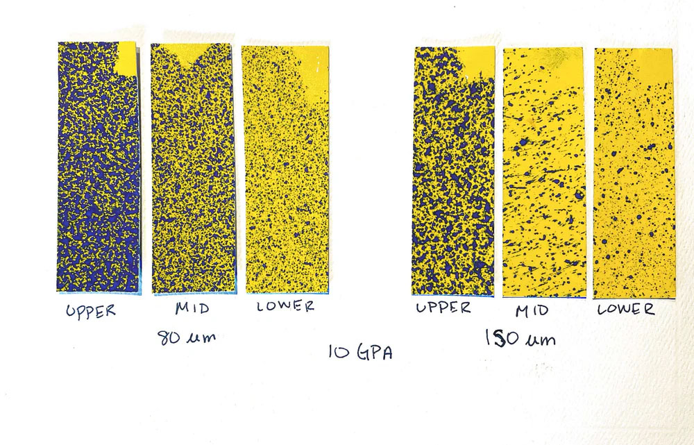 Swatch cards showing the penetration at the upper, middle, and bottom of the grapevines